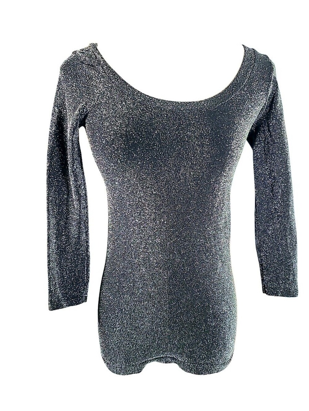 Vintage Y2K Cache Metallic Silver Bodycon Scoopneck Long Sleeve Top XS/S Party